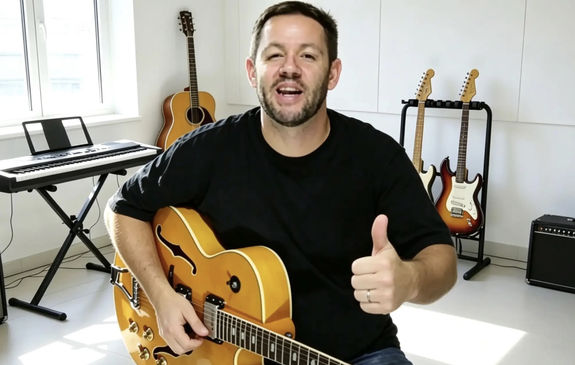 Denis Delphin com guitarra, aulas de guitarra