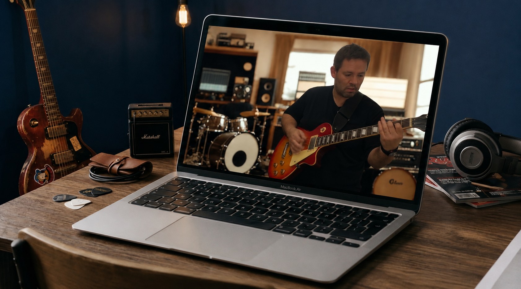 Denis Delphin tocando guitarra em seu estúdio, de onde acontecem as aulas online
