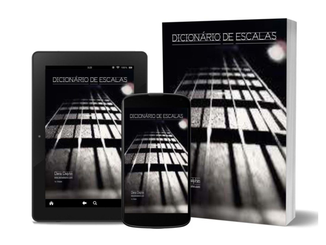 Dicionário de Escalas de Denis Delphin — mockup em tablet, celular e livro impresso