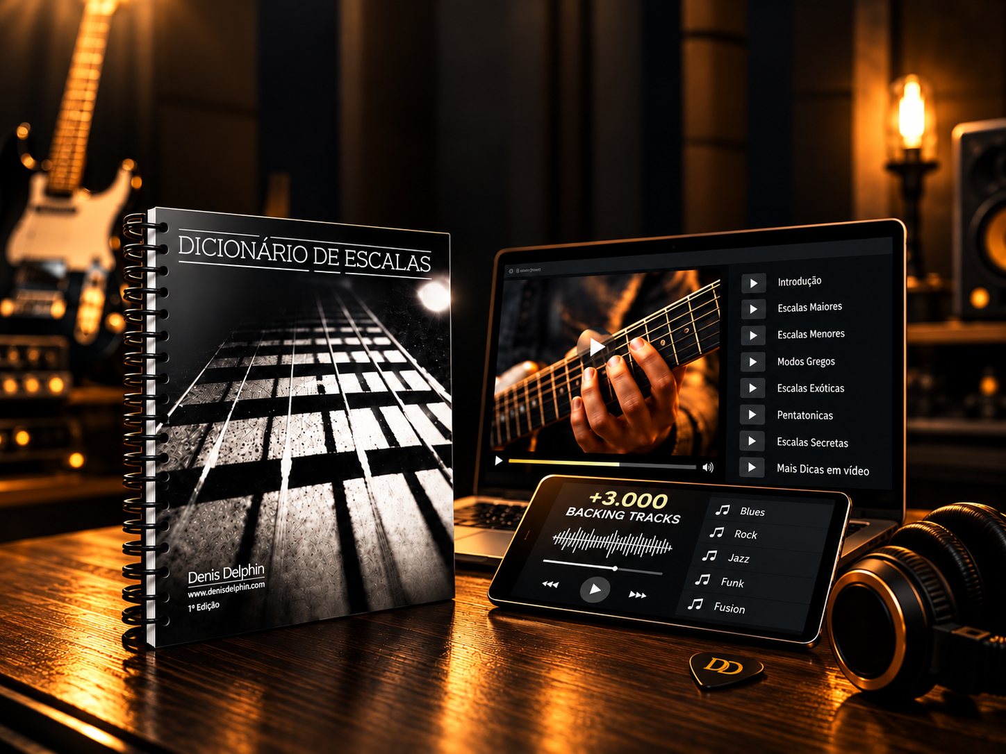 Dicionário de Escalas de Denis Delphin — livro impresso, videoaulas no notebook e backing tracks no tablet
