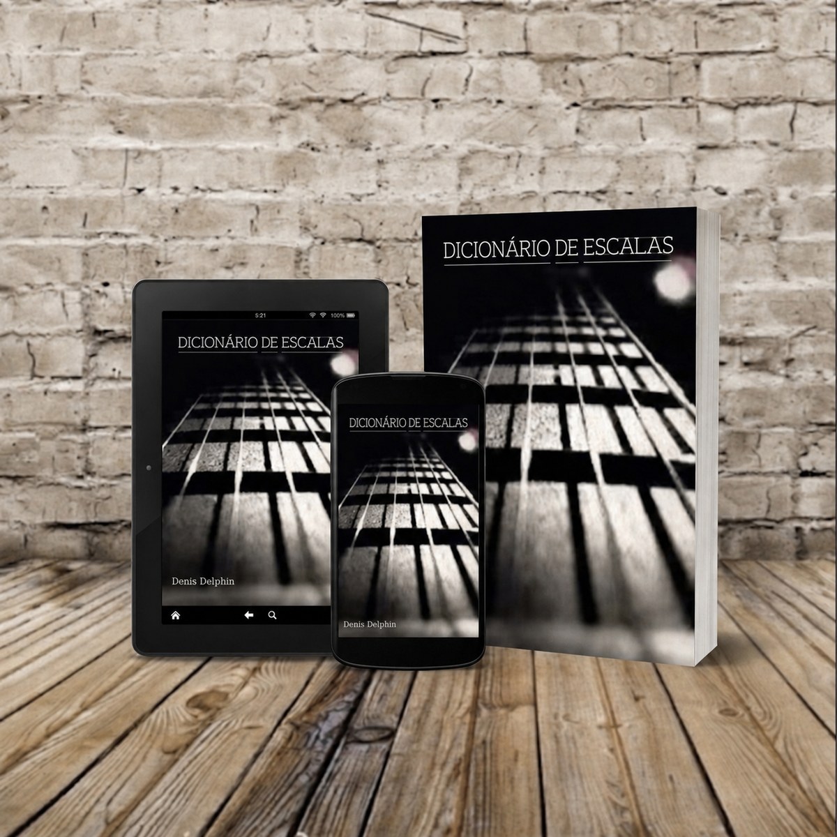 Dicionário de Escalas de Denis Delphin — mockup em tablet, celular e livro impresso