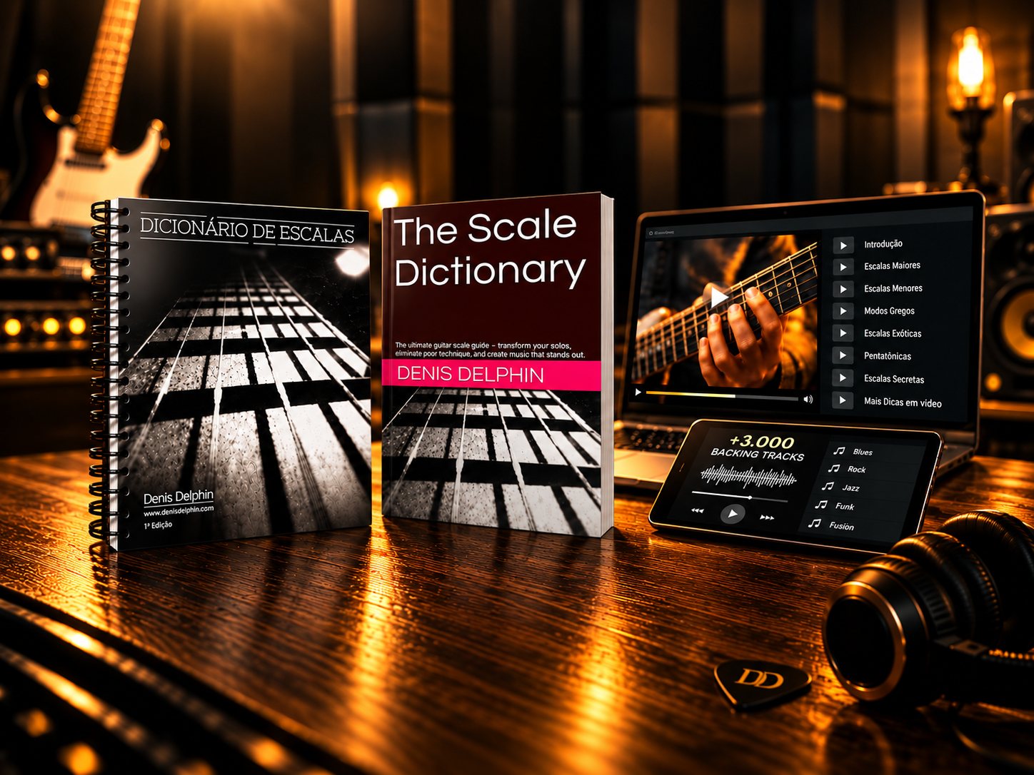 Dicionário de Escalas e The Scale Dictionary, com videoaulas no notebook e backing tracks no tablet